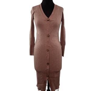 Magaschoni Brown Cardigan Sweater Dress Ribbed Knit Front Button Sz X-Small NEW